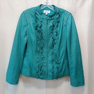 Conrad C Turquoise Faux Leather Jacket Ruffles Silver Stud Accent Women Size 8